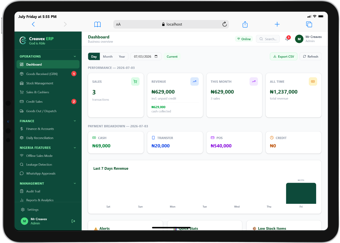 Creavex ERP Dashboard